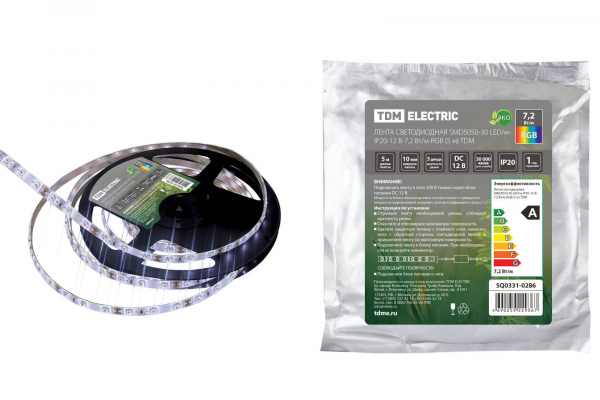 Лента светодиодная SMD5050-30-20-12-72-RGB 30LED/м, IP20, 12В, 7.2Вт, RGB, (У) TDM Лента светодиодная SMD5050-30-20-12-72-RGB 30LED/м, IP20, 12В, 7.2Вт, RGB, (У) TDM
